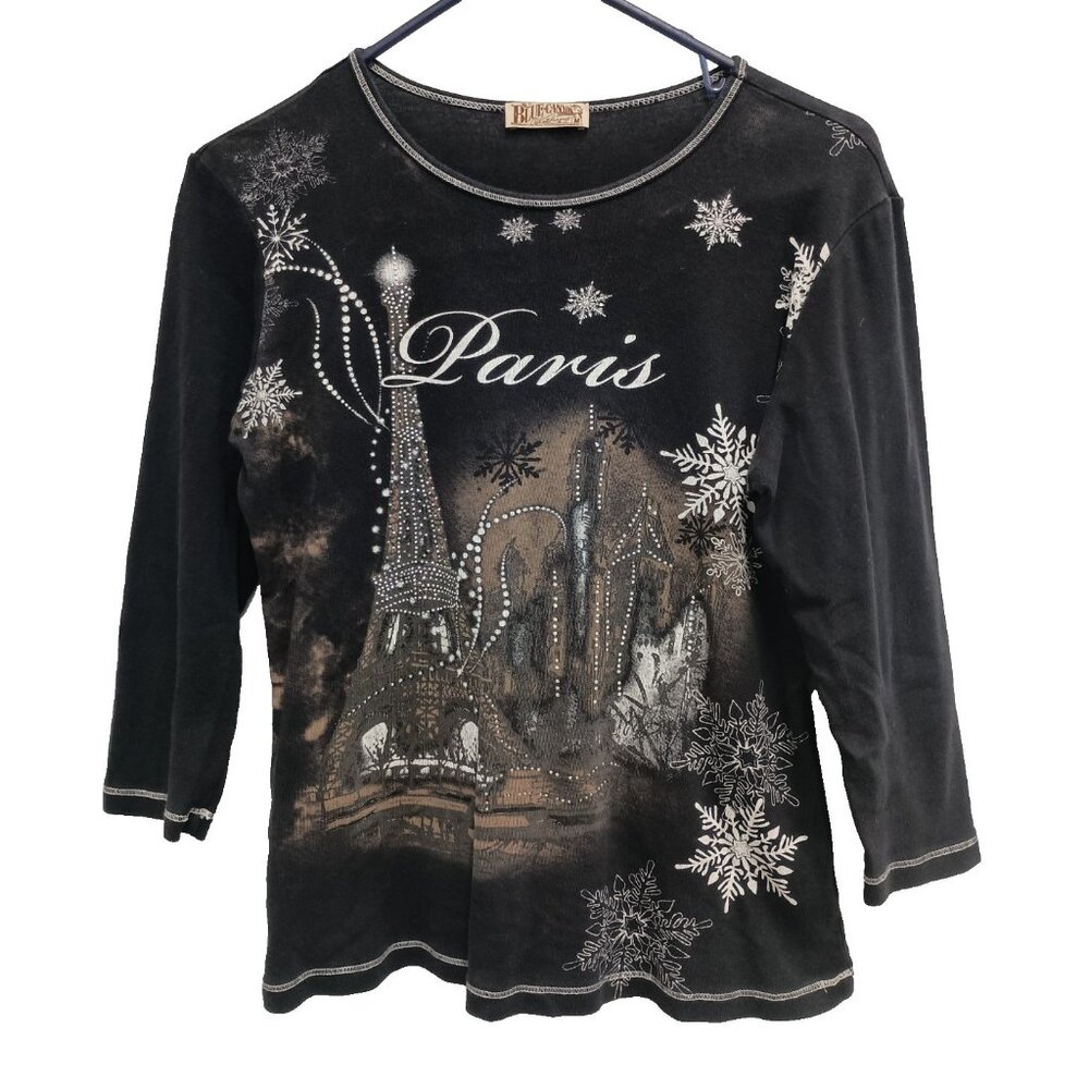 Blue Canyon Womens Paris Eiffel Tower Top Medium Black Rhinestone Artsy Novelty